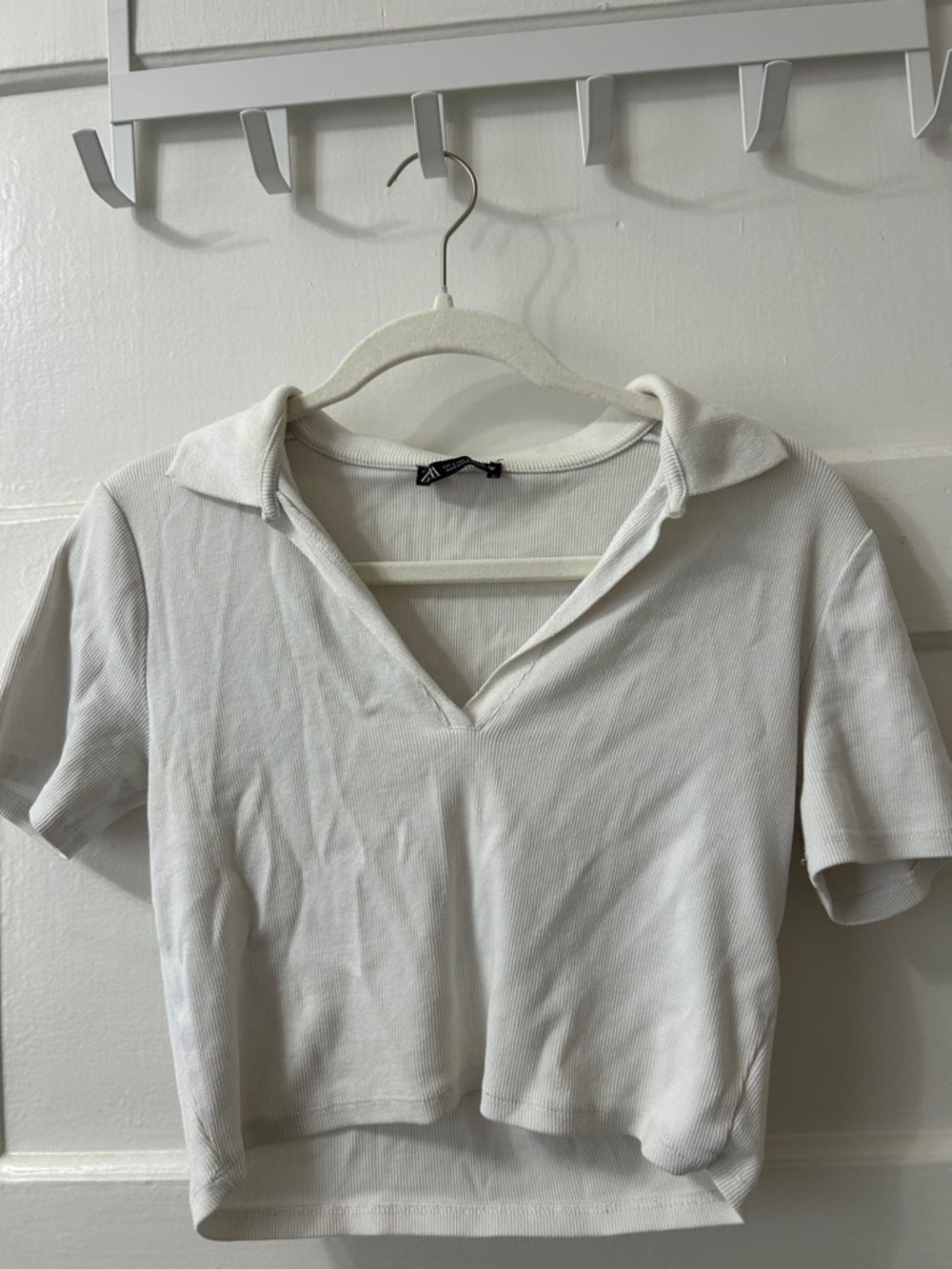 Zara white Cropped Ribbed Polo Top